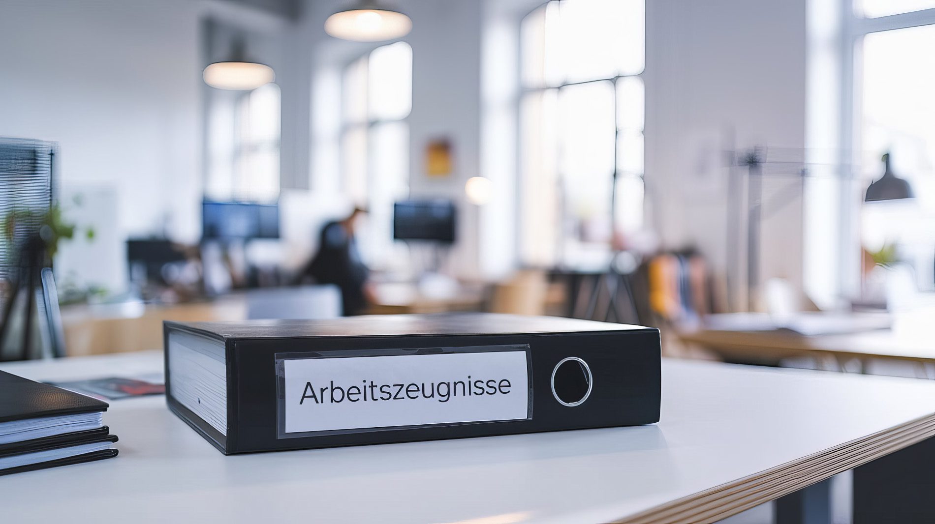 Büro mit Schreibtisch auf dem ein Ordner mit der Aufschrift Arbeitszeugnisse liegt