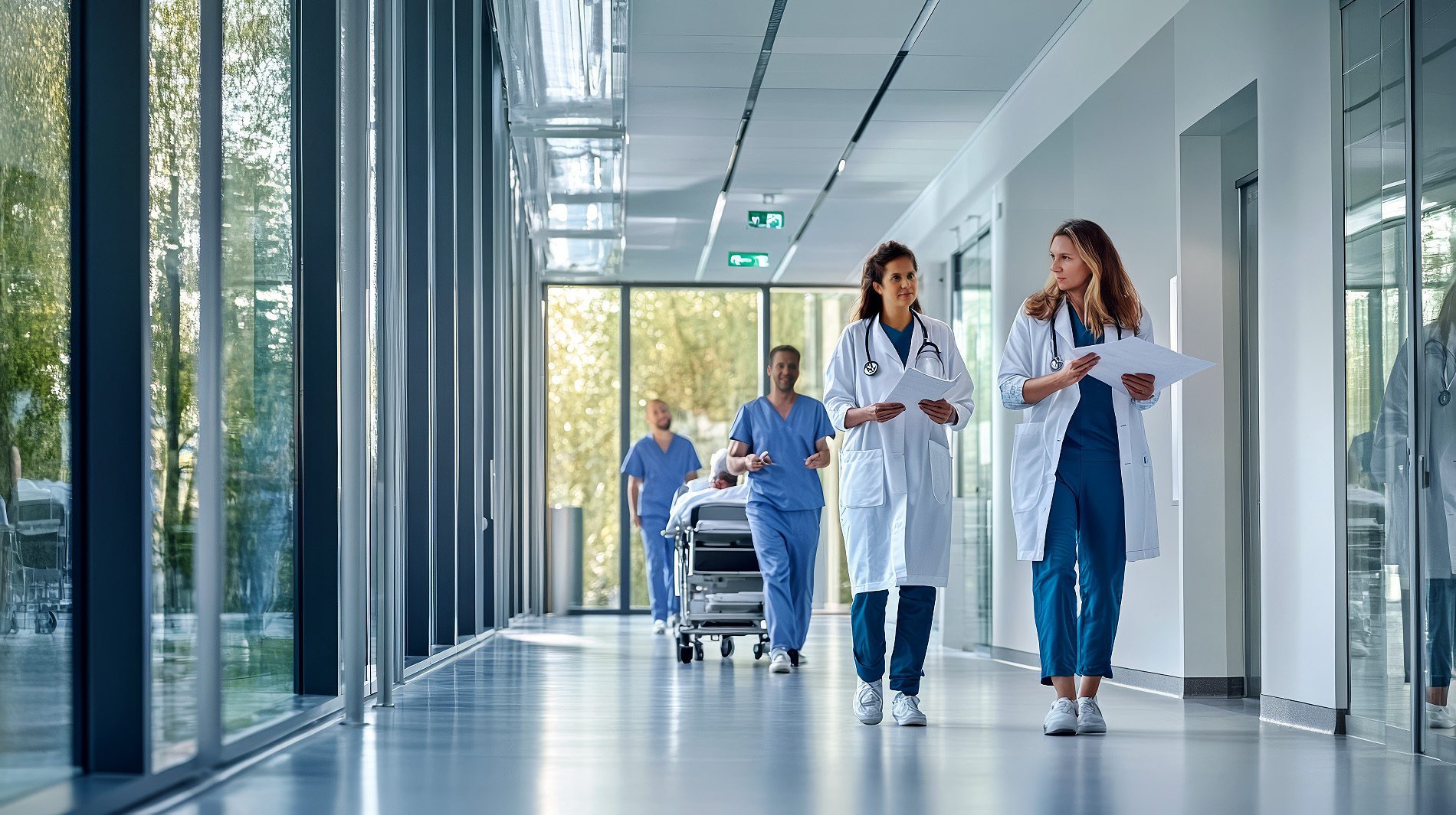Mitarbeiter laufen im Flur eines Krankenhauses
