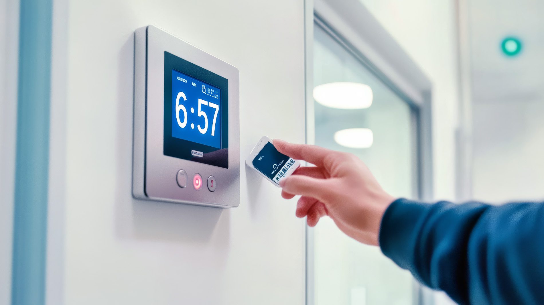 Hand hält einen NFC Chip vor eine digitale Zeiterfassung