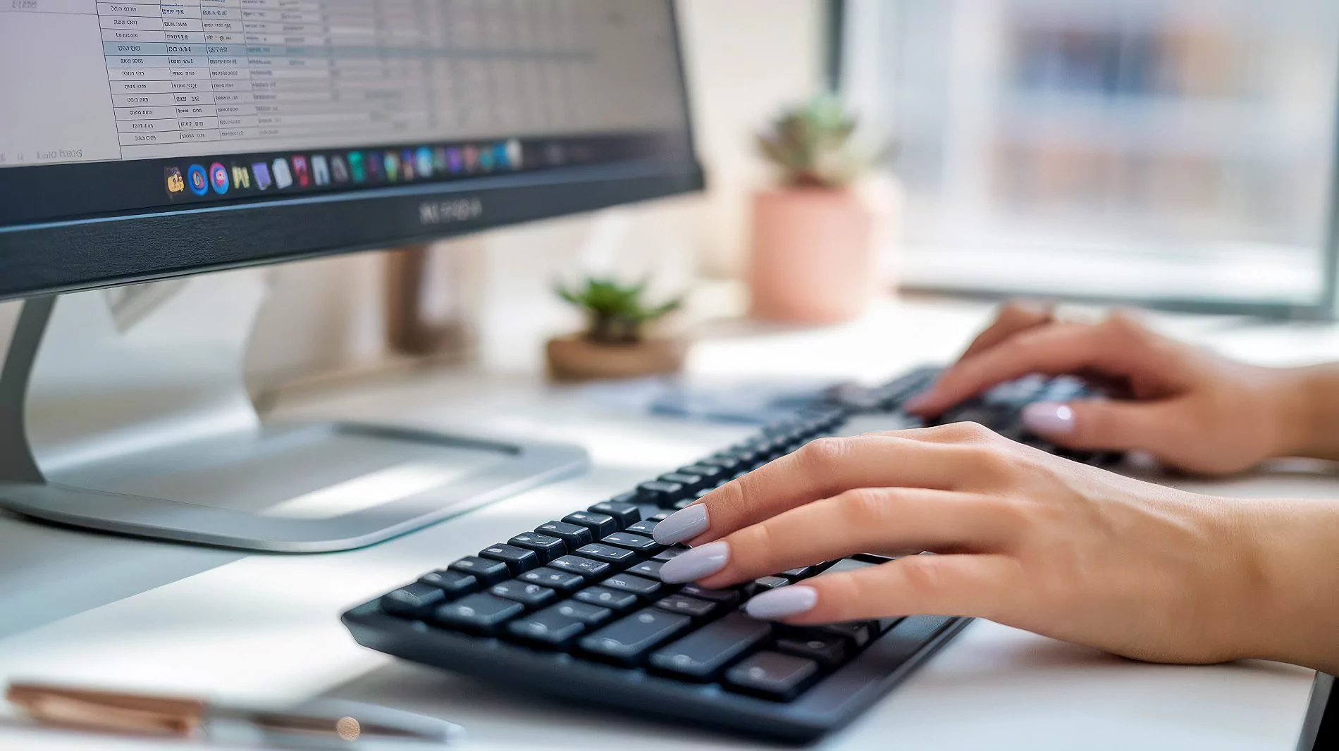 Frauenhände mit Gelnägel an Computertastatur