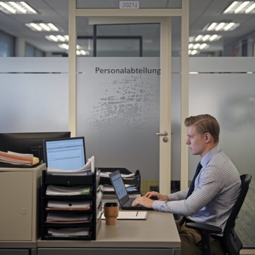Mann in Büro arbeitet am Laptop, während er offenbar unsicher über seine Anstellung ist.