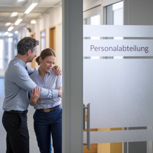 Mann umarmt Frau im Büroflur, ihre Haltung wirkt leicht unbehaglich, Blick nach unten gerichtet.