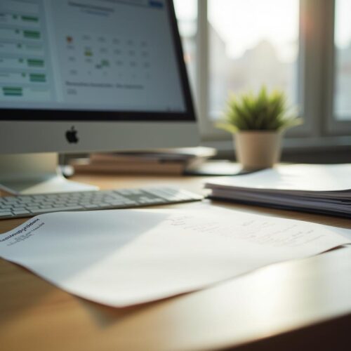 Ungeöffneter Antrag auf Teilzeitarbeit liegt auf einem organisierten Schreibtisch in einem modernen Büro.
