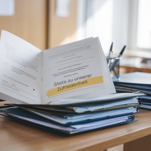 Arbeitszeugnis mit der Bewertung "stets zu unserer Zufriedenheit" auf einem Schreibtisch in einer Schule.