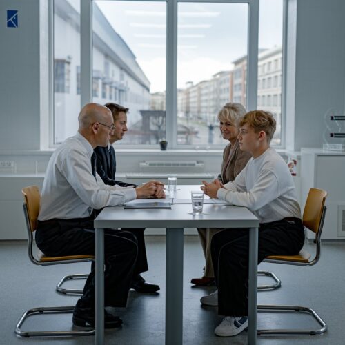 Besprechung zur Ausbildungsanpassung eines jungen Mannes mit Bildungsträger und seiner Mutter in hellem Büro.
