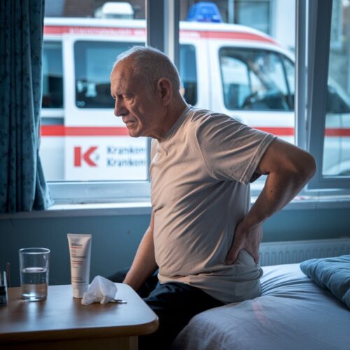 Krankentransportfahrer mit Rückenschmerzen sitzt auf dem Bettrand und hält sich den Rücken. Schmerzen sind sichtbar.