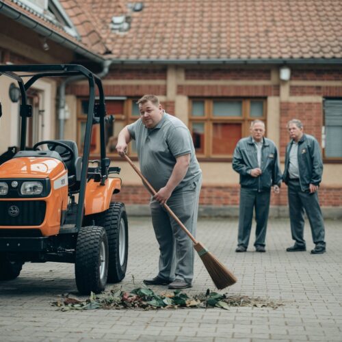 Unsicherer Bauhofmitarbeiter mit Besen, beobachtet von Kollegen in typischer Arbeitskleidung.