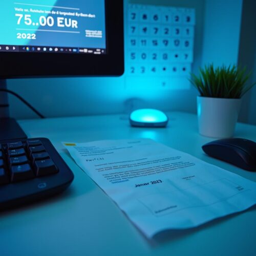 Überweisungsbestätigung über 75.000 EUR für Dezember 2022, daneben E-Mail mit Zahlungsziel Januar 2023.