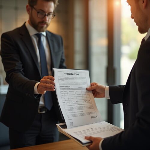 Arbeitgeber übergibt Kündigung mit Gehaltsübersicht an Angestellten.