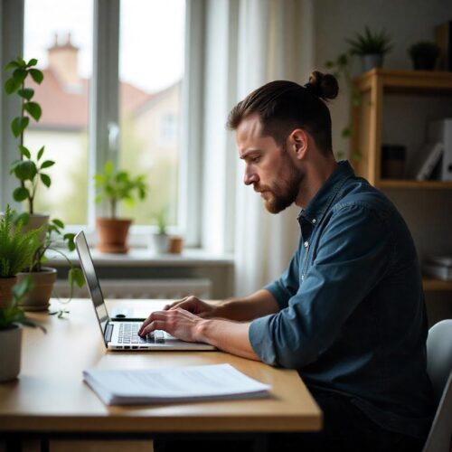 Mitarbeiter im Homeoffice mit Laptop und Versetzungsanweisung im Hintergrund; Dokumente auf dem Tisch.