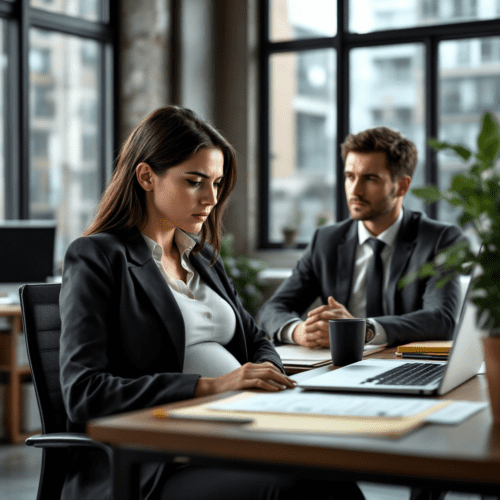Kündigungsgespräch zwischen schwangere Mitarbeiterin und Arbeitgeber in modernem Büro.