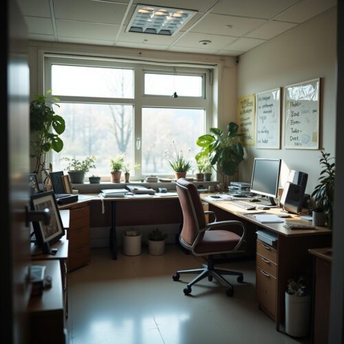 Leeres Büro mit persönlichem Kalender, Familienfoto, Computer und Licht durch das Fenster.