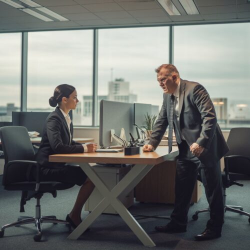 Mann und Frau diskutieren in einem Kölner Büro über eine mögliche Versetzung. Die Stimmung ist angespannt.