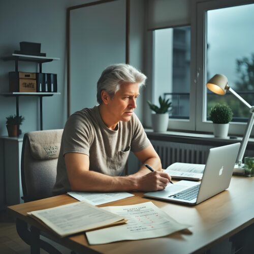 Mann in T-Shirt sitzt an Schreibtisch, umgeben von Arbeitsunfähigkeitsbescheinigungen und einem Kochschürze.