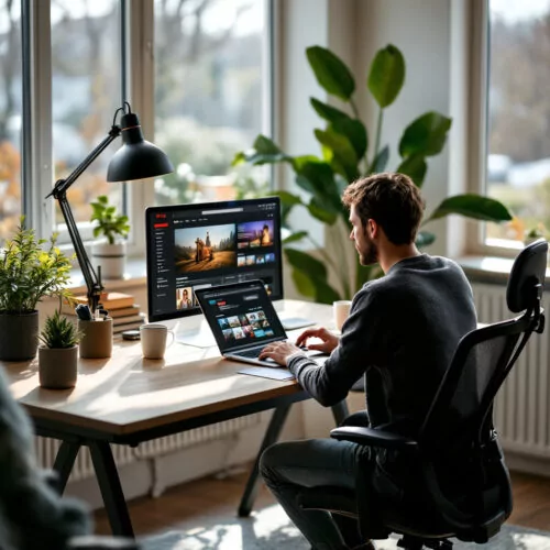 Grafikdesigner in modernem Büro mit Laptop, Kaffee und Pflanze, sieht entspannt aus und nutzt Unterhaltungseite.