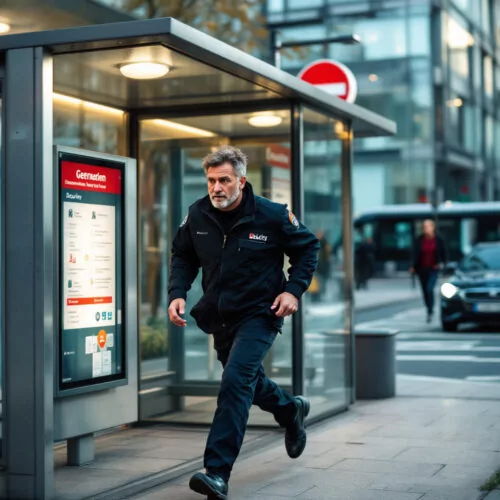 Sicherheitsmitarbeiter eilt an Busstop vorbei zur Bürogebäude in Berlin, verspätet am Arbeitsplatz angekommen.