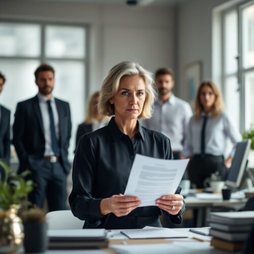 Reife Frau in einem Büro hält ein Dokument, während Kollegen besorgt zuschauen. Spannung und Dramatik im Raum.