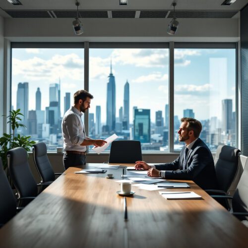 Produktmanager und Vorgesetzter in einem modernen Konferenzraum bei einer ernsten Besprechung über eine Kündigung.