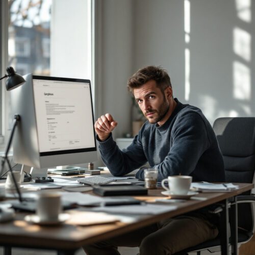 Männlicher Architekt im Home-Office, umgeben von Computer, Bewerbungsformular, Kaffeetasse und Rezept.
