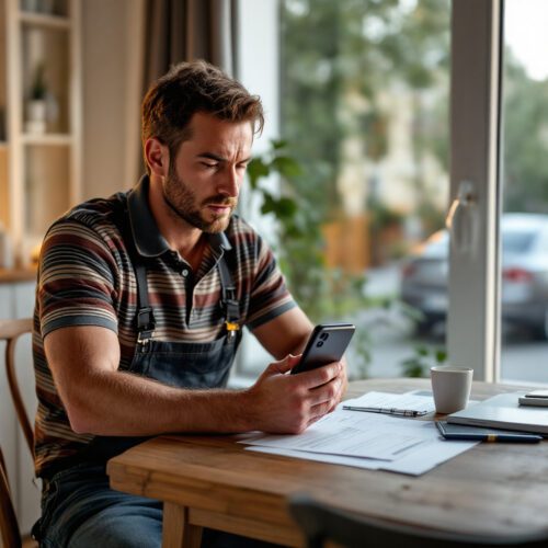 Servicetechniker in deutscher Wohnung telefoniert wegen notwendiger Knieoperation, umgeben von medizinischen Unterlagen.