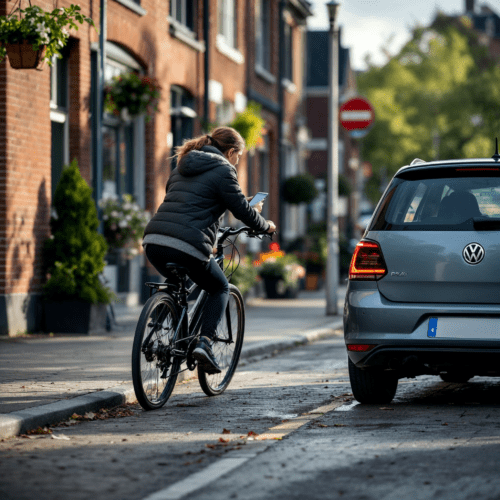 Fahrradfahrende Supermarktmanagerin kollidiert mit geparktem VW, während sie aufs Handy schaut.Fahrradfahrende Supermarktmanagerin kollidiert mit geparktem VW, während sie aufs Handy schaut.