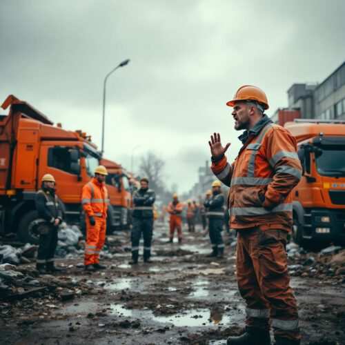 Wütender Müllwerker in einem Depot beleidigt Kollegen; andere Mitarbeiter stehen schockiert daneben.