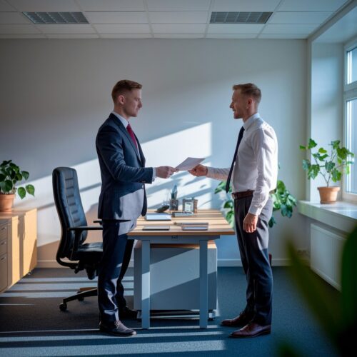 Manager übergibt Kündigungsschreiben an überraschten Mitarbeiter in modernem Büro.