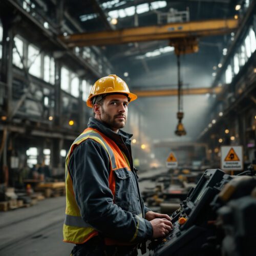 Stahlwerker steuert einen Kran in einer Industrielhalle, während er eine riskante Manöver ausführt.