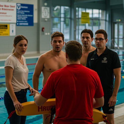 Lifeguard konfrontiert Supervisor und Kollegen im Schwimmbad, teils defensiv reagierende Teammitglieder im Hintergrund.