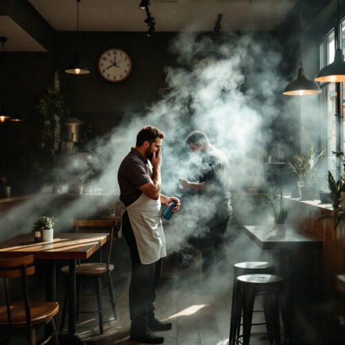 Raucher und Mitarbeiter im Restaurant von Köln umgeben von Zigarettenrauch und Dämpfen eines Enteisungssprays.
