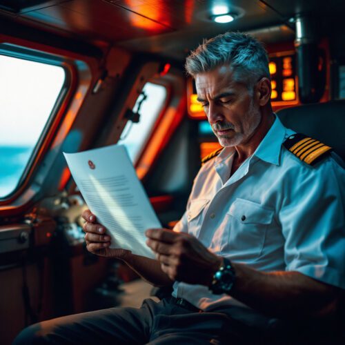 ALT-TEXT:Kapitän liest Alkoholverbot, Drogenverbot Schiff. Crew-Vorschriften, Schiffssicherheit.
