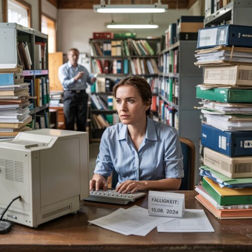 Angestellte im Büro lässt Mahnungen wegen Aktenstapeln und veralteter Technik unbeachtet, Gemeinde fordert rechtzeitiges Handeln.