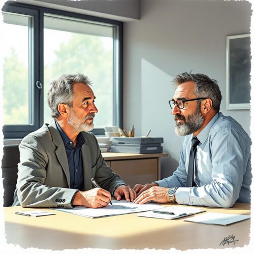 Vorgesetzte überreicht Hallenwart den Wochenenddienstplan im Büro, Symbol für Arbeitszeitstreit und behindertengerechte Gestaltung.
