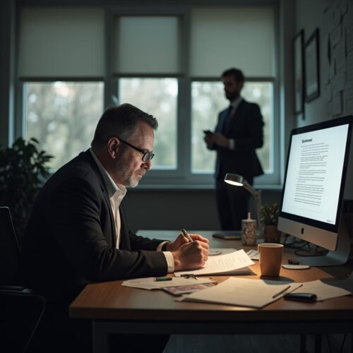 Mann mit Behinderung liest absagenden Bewerbungsbrief bei Stellenbewerbung im Büro