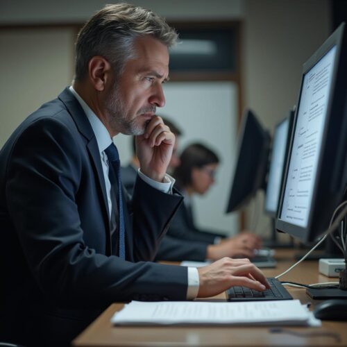 Compliance-Beauftragter schreibt E-Mail zu Internen Revisionen, im Büro, fokusiert.