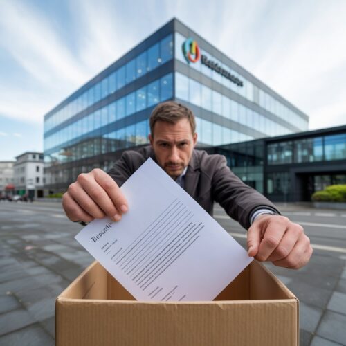 Frustrierter Bewerber wirft seine Bewerbung in den Papierkorb vor modernem Firmengebäude