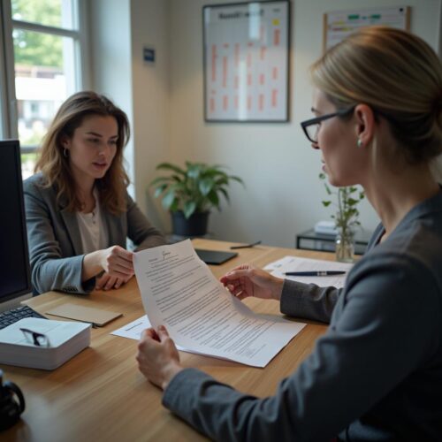 Geschäftliche Situation: Arbeitgeberin übergibt Kündigung an angestellte Bürofachkraft im Büro