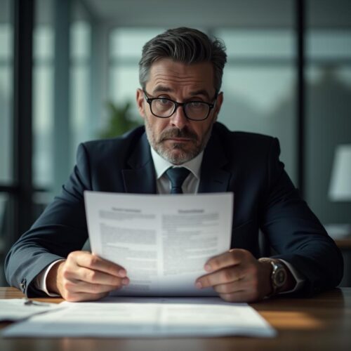 Arbeitgeber übergibt Mitarbeiter Kündigungsbrief im modernen Büro mit Gerichtsunterlagen auf Schreibtisch