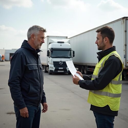 LKW-Fahrer übergibt Krankmeldung an verärgerten Speditionsleiter auf Betriebsgelände