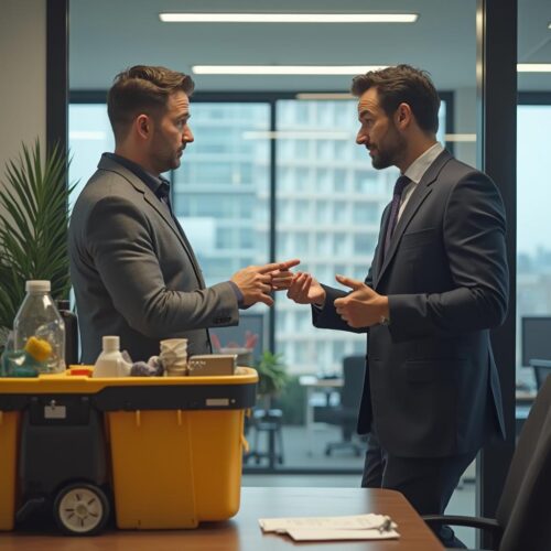 Reinigungskraft erhält Bargeld von Arbeitgeber, Büro mit Reinigungswagen und Arbeitsvertrag im Hintergrund