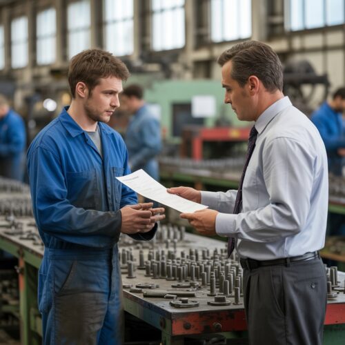 Arbeiter erhält in Fabrik Kündigungsschreiben von Vorgesetztem, in Produktionshalle
