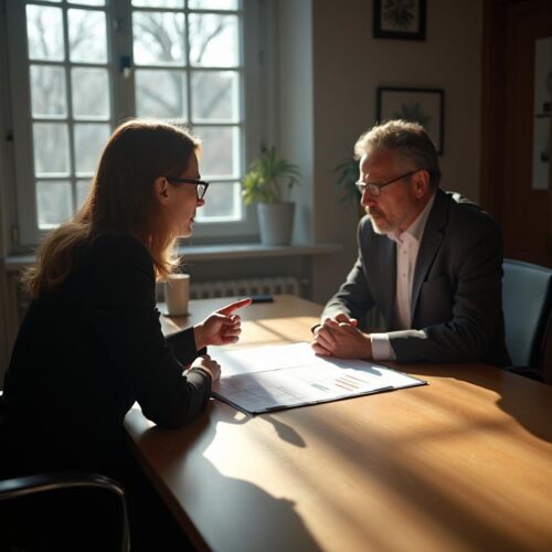 Diskussion im Besprechungsraum über Anwaltskosten bei Kündigungsvergleich, formell, engagiert.