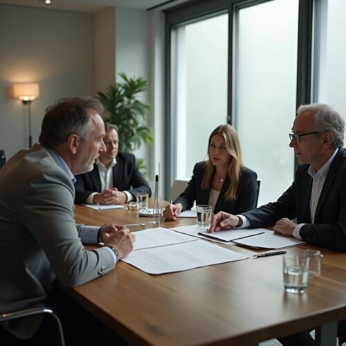 Geschäftliches Treffen im Büro mit angespanntem Aufhebungsvertrag und zögernder Hand des Arbeitnehmers