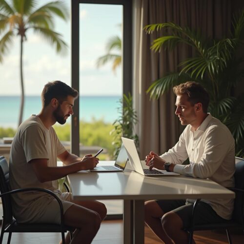 Mitarbeiter im Urlaub sendet E-Mail, Chef prüft Anfrage im Büro, realistisches Szenario