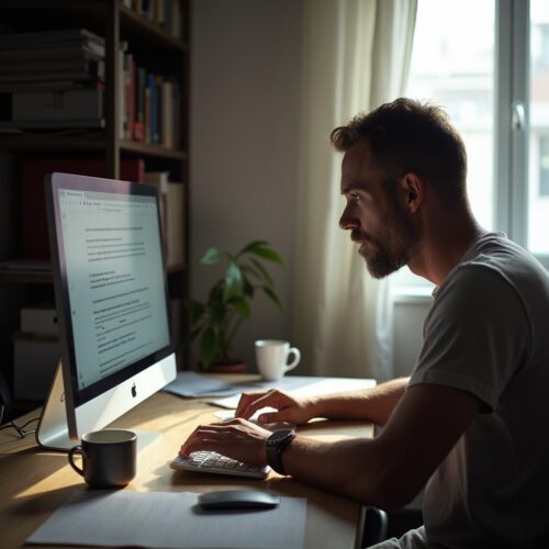 Mann am Computer sitzt frustriert bei Home-Arbeit, Blick auf Bildschirm mit Datenschutz-Anfrage.