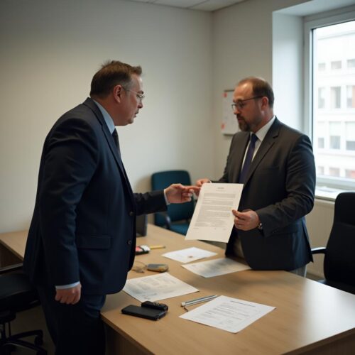 Justizbeamter übergibt Anwalt offiziellen Bescheid im Amtszimmer, bei angespanntem Austausch