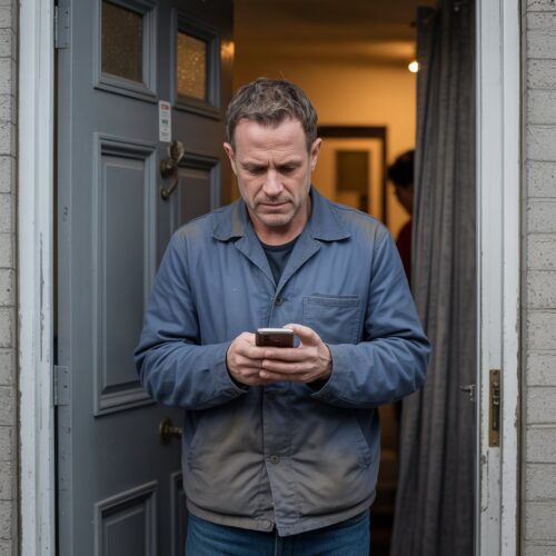 Mann liest nachdenklich eine WhatsApp-Nachricht vor einer Wohnungstür