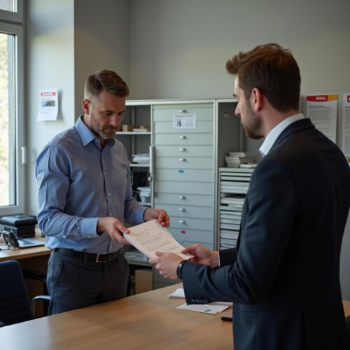 Geschäftliches Gespräch im Parlamentsbüro: Fraktionsmanager übergibt Kündigung an Mitarbeiter