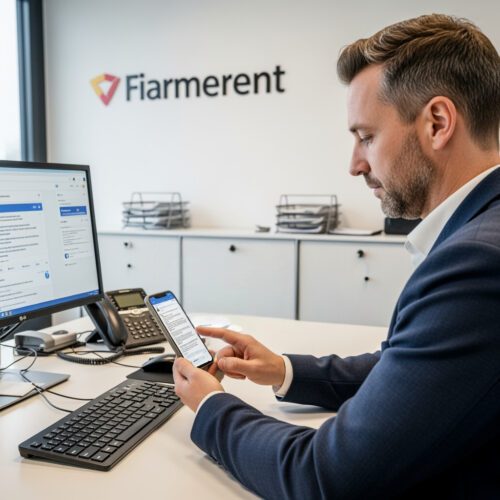 Mitarbeiter tippt auf Smartphone, verfassen eines beleidigenden Facebook-Posts am Arbeitsplatz