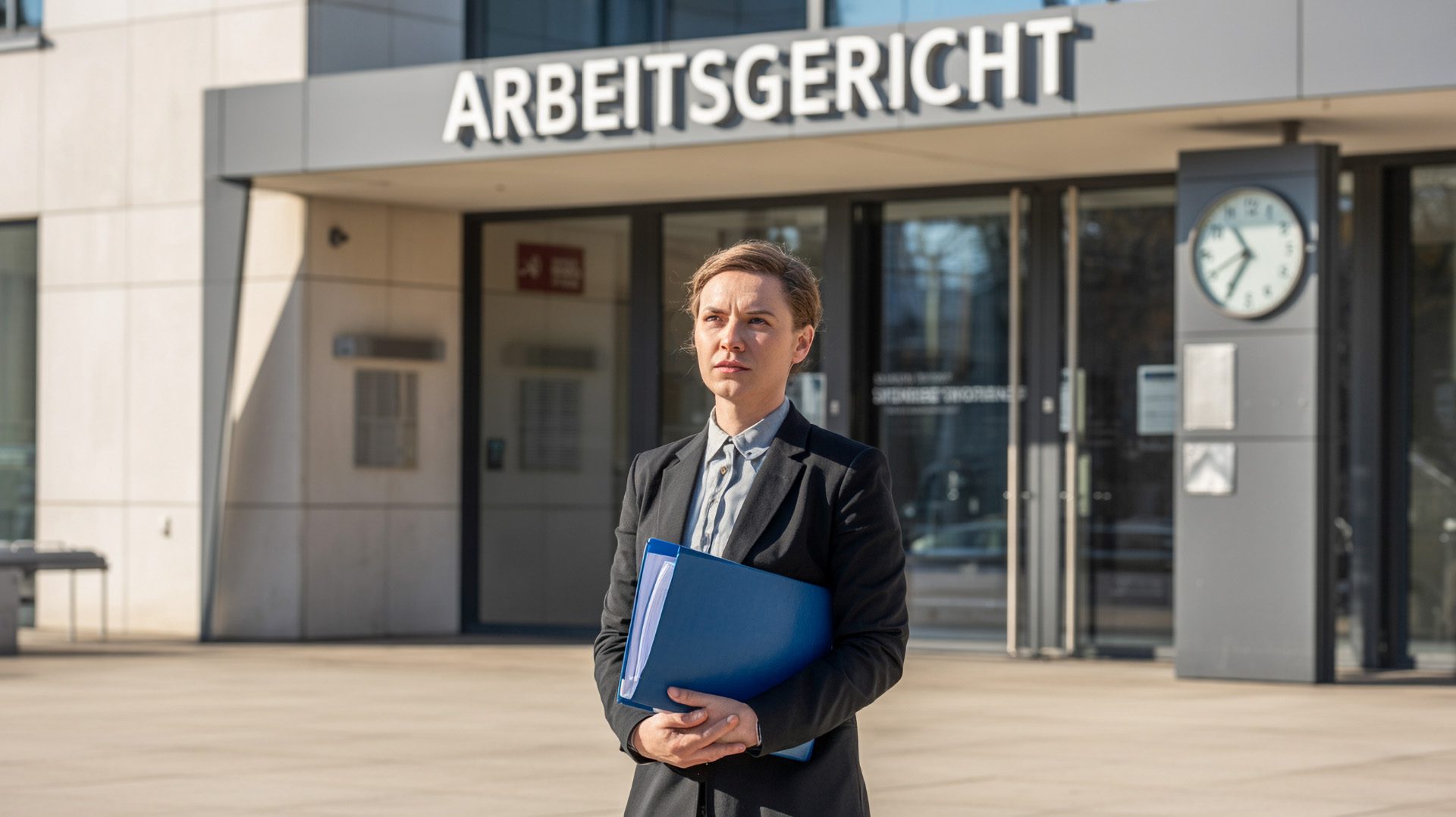 Person vor Arbeitsgericht mit Unterlagen zur Klageeinreichung